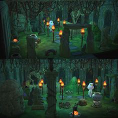 an animated scene with many candles in the dark forest, and a panda bear sitting at a table