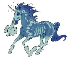 a drawing of a blue horse with bones on it's back legs and tail