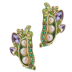 pair of green and purple earrings with pearls