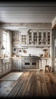 an old fashioned kitchen with wooden floors and white painted cabinets, along with wood flooring