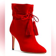 A Classic Above-The-Ankle Boot In Shape, Our Dillane Is Tres Chic With Its Stiletto Heel, Drawstring Ankle Detail And Tassel. Pointed Toe, Pull On Cinched Drawstring Tassel Detail 3.5" Wrapped Heel 6" Shaft Height; 11" Circumference Suede Upper, Leather Lining, Leather Sole Made In Italy Item Is New In Box Size-9.5m Color-Ruby Retail-$348 Luxury Heeled Boots With Red Sole And Pointed Toe, Luxury High Ankle Heeled Boots With Leather Lining, Luxury Ankle-high Leather Shoes With Leather Lining, Luxury Ankle-high Booties With Leather Lining, Elegant Red Boots With 4-inch Heel, Elegant Red Heeled Boots For Spring, Elegant Heeled Boots With Red Sole For Winter, Elegant Spring Boots With Red Sole, Elegant Winter Boots With Red Sole