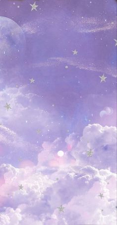 there is a purple sky with stars and the moon in the clouds, as if it were painted