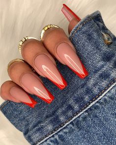 Red Tip Nails, Red French Tip, Acrylic Nails Coffin