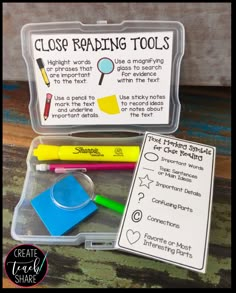 close reading tools in a plastic container with writing paper and markers on the inside side