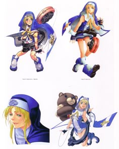 four pictures of anime characters with different outfits and hair styles, all wearing blue clothing