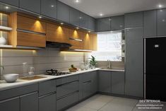 a kitchen with grey cabinets and white counter tops