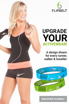 a woman wearing headphones and running clothes with the words upgrade your activewear on it