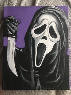 a painting of a person holding a knife and wearing a ghost mask with its mouth open