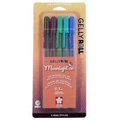 four different colored gel pen set in a package with the packaging on it's side