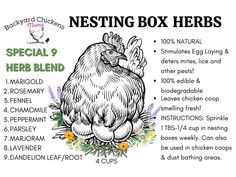 the ingredients for nesting box herbs are shown in this graphic style, with an image of a