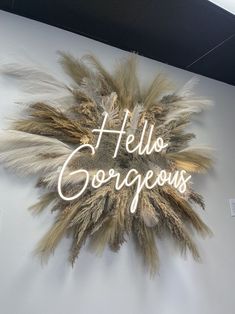 there is a sign that says hello gorgeous on the wall next to some dry grass