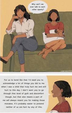 two comics about women sitting on a couch and one is talking to the other woman