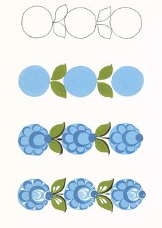 blue flowers and green leaves are arranged in the shape of circles on a white background