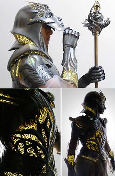 four photos of different armors with gold and silver accents