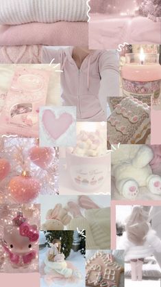 pink and white collage with teddy bears, hearts, sweaters, cake, candles