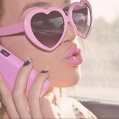 Talking On The Phone, Shaped Sunglasses, Glam Metal, Sunglasses Style, Heart Shaped Sunglasses, On The Phone, Pink Sunglasses, Heart Sunglasses, Tickled Pink