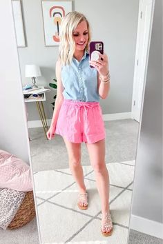 Pink Shorts Outfits, Target Shorts, Shorts Linen, Pull On Shorts, Shorts Outfits, Summer Outfit Inspiration, Pink Shorts, Summer Style, Spring Summer Fashion