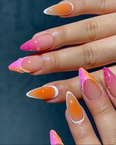 Summer Nails Inspo 2024, Pink Orange Nails, Orange And Pink Nails, Orange Nails Summer, Pink And Orange Nails, Nails Sun, Nailart Summer, Nails School, Ruby Nails