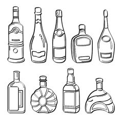 hand drawn bottles and glasses on white background