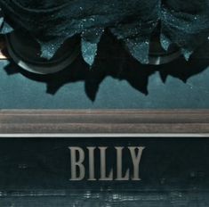 the name billy written on a plaque in front of a curtain