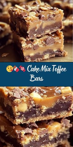 three different views of cake mix toffee bars