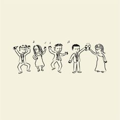 a line drawing of people dancing with their arms in the air and one man holding his head