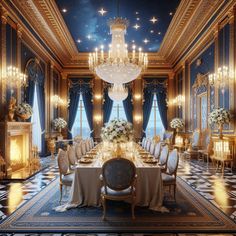 a fancy dining room with chandelier, table and chairs