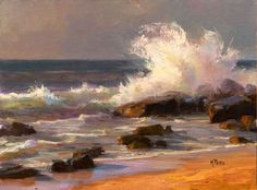 an oil painting of waves crashing on the shore