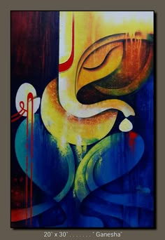 an abstract painting with blue, yellow and red colors