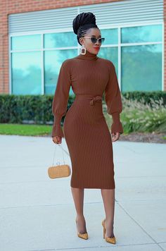 Brown Dresses Outfit, Chocolate Brown Sweater, Chocolate Brown Dress, Sweater Vest Jacket, Brown Sweater Dress, Turtle Neck Dress, Fabric Belt, Brown Dress, Brown Sweater