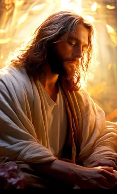 jesus sitting in the light with his eyes closed and hands folded over his chest, looking down