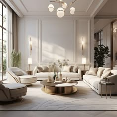 a living room filled with lots of white furniture