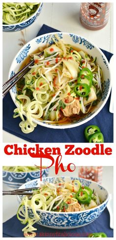 chicken zoodle pho with noodles in a blue and white bowl