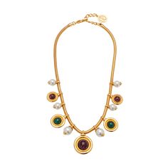 Ben-Amun necklace Approx. 16 inches 24-karat gold electroplated brass Multicolor glass stones Pearly white glass Adjustable length Lobster clasp Made in USA Ben Amun Necklace, Bergdorf Goodman, White Glass, Lobster Clasp, Pear, Made In Usa, Tops Designs, Gold Necklace, Brass