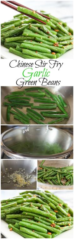 green beans being cooked in a pan with chopsticks and seasoning on top