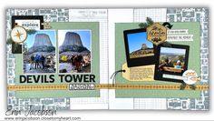 an open scrapbook with some pictures and words on the pages that include devils tower