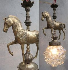 two pictures side by side of a lamp with a horse on it