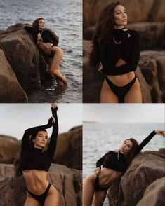 the woman is posing on the rocks by the water