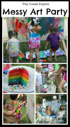 some kids are playing in the water and having fun with their art party at messy art party