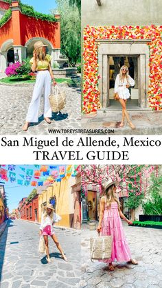 two girls are standing in front of a building with flowers on it and the words san miguel de aldie, mexico travel guide