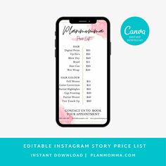 the editable instagram story price list on an iphone