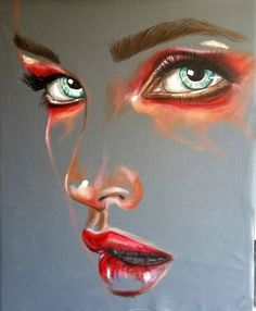 a painting of a woman's face with green eyes and red lipstick on it