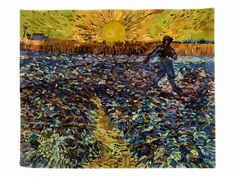 a painting of a person walking through a field with sun in the sky behind them