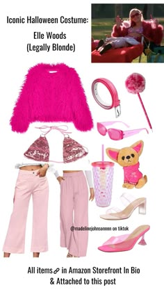 the costume is pink and has accessories on it, including a teddybear top