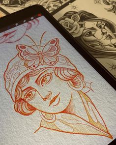 a drawing of a girl with a butterfly on her head is shown in an ipad case