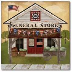 a painting of a store front with an american flag on the awning and watermelon baskets