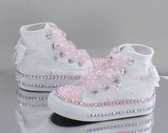 Bedazzled Shoes Diy, Girls Wedding Shoes, Pearl Boots, Converse Girls, Bedazzled Shoes, Pink Aurora, Bling Converse, Diy Sneakers