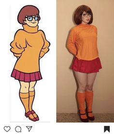 a woman in an orange shirt and red skirt standing next to a cartoon character wearing glasses