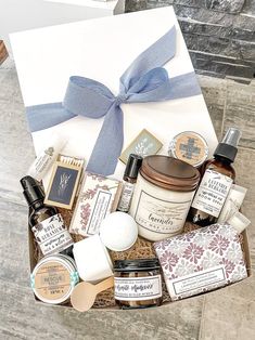 a gift box filled with personal care items