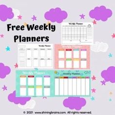 the free weekly planner is shown with clouds and stars